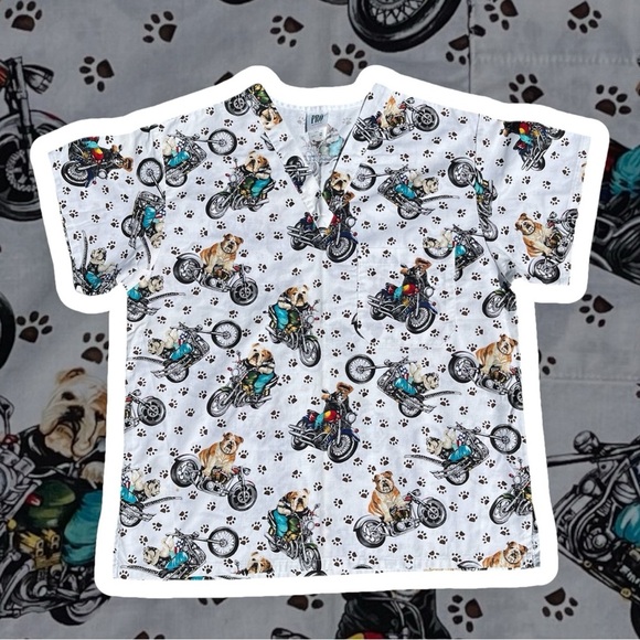 Pro Peaches Bulldogs On Motorcycle Scrub Top 100% Cotton Size Medium - Picture 1 of 8